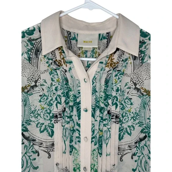 Maeve Anthropologie Shirt Dress 0 Cream Leopard Botanical Pintuck Ria Jungle - Picture 5 of 9